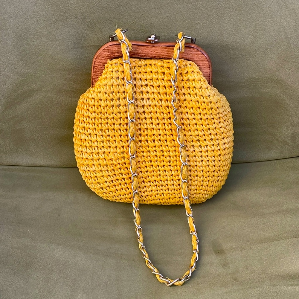 Vintage Japanese canary yellow raffia purse